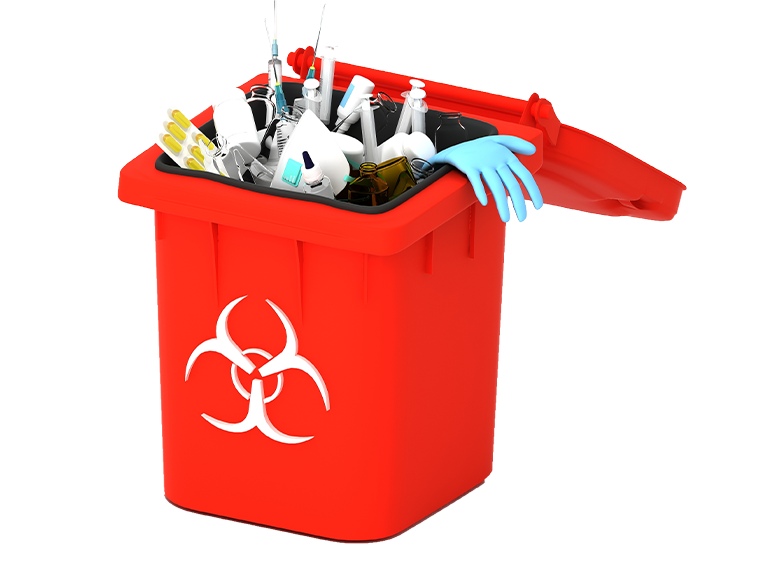 Medical supply bin with waste in it